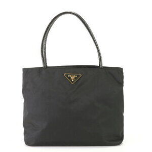 Prada Tessuto nylon triangular logo leather tote bag top handles black